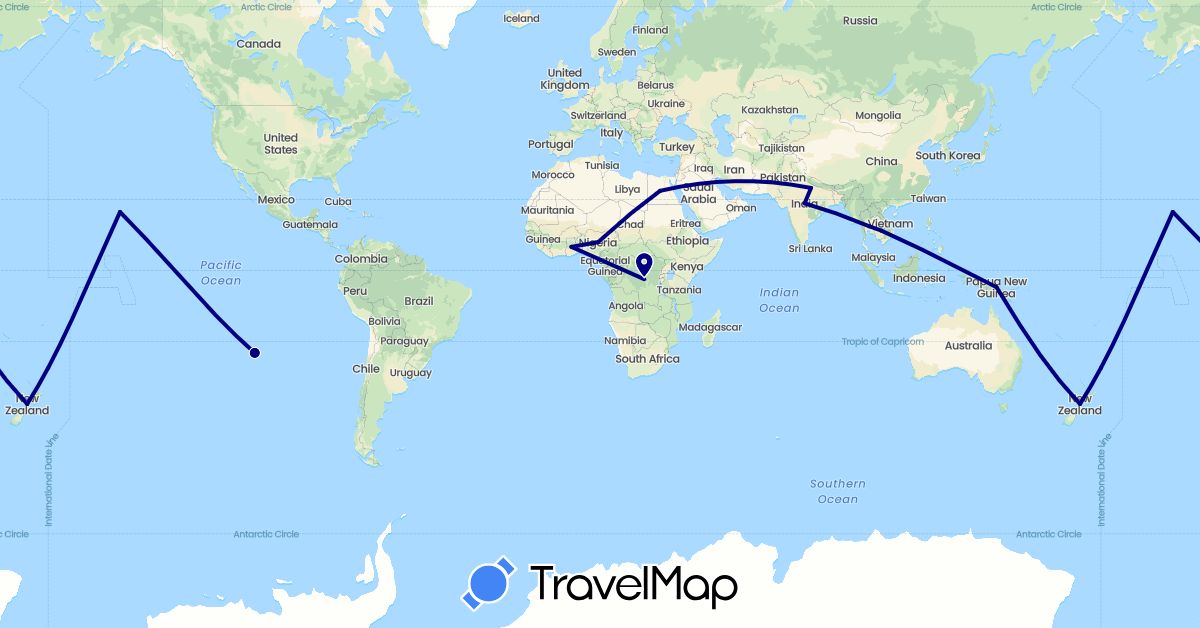TravelMap itinerary: driving in Democratic Republic of the Congo, Chile, Egypt, Ghana, India, Cambodia, Nigeria, New Zealand, Papua New Guinea, Thailand, United States (Africa, Asia, North America, Oceania, South America)